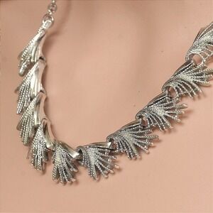 Vintage Silver Tone Fan Link Collar Necklace Textured Statement‎ Choker